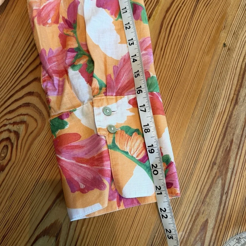 Chicos Blouse 2 (Sz 12) 100% Linen Vibrant Floral 3/4 Sleeve Button Up Wide Cuff